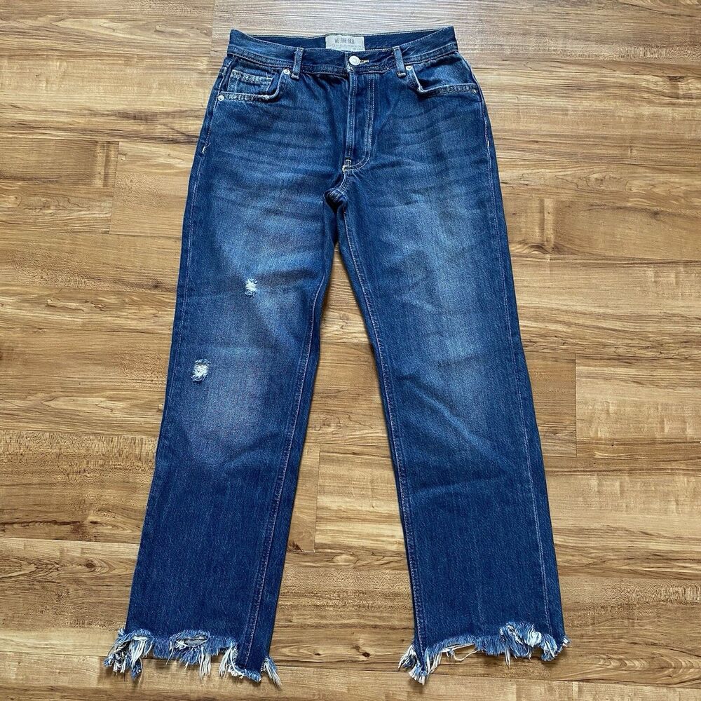 FREE PEOPLE 25 Maggie Mid Rise Straight Leg Blue Boho Raw Hem Hippie Jeans 70s